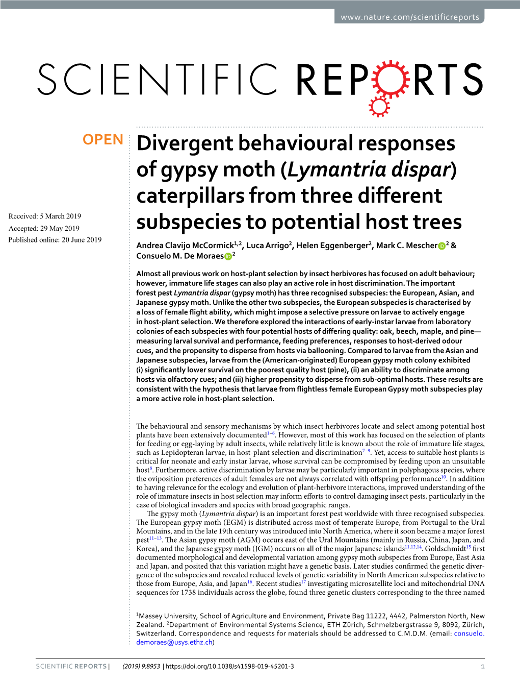 Divergent Behavioural Responses of Gypsy Moth