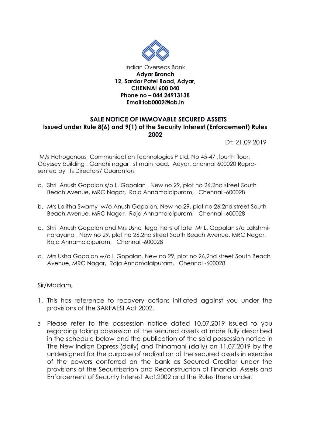 And 9(1) of the Security Interest (Enforcement) Rules 2002 Dt: 21.09.2019