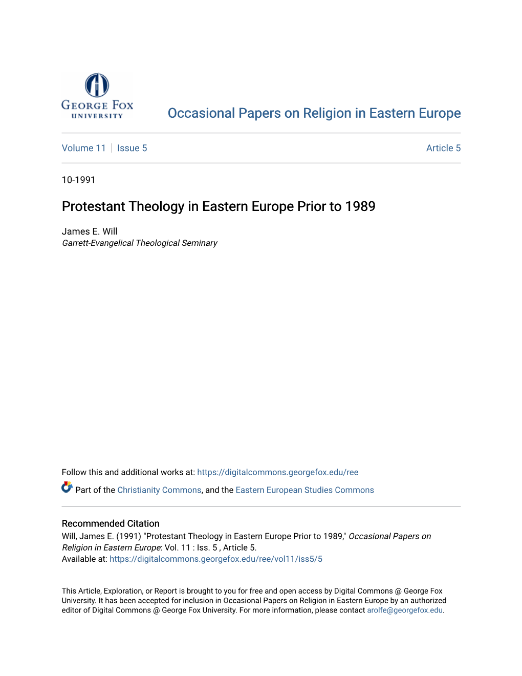 Protestant Theology in Eastern Europe Prior to 1989