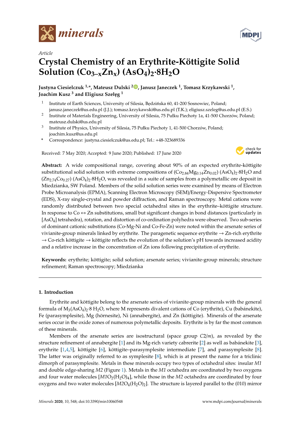 Crystal Chemistry of an Erythrite-Köttigite Solid Solution (Co3–Xznx)(Aso4) 2· 8H2O