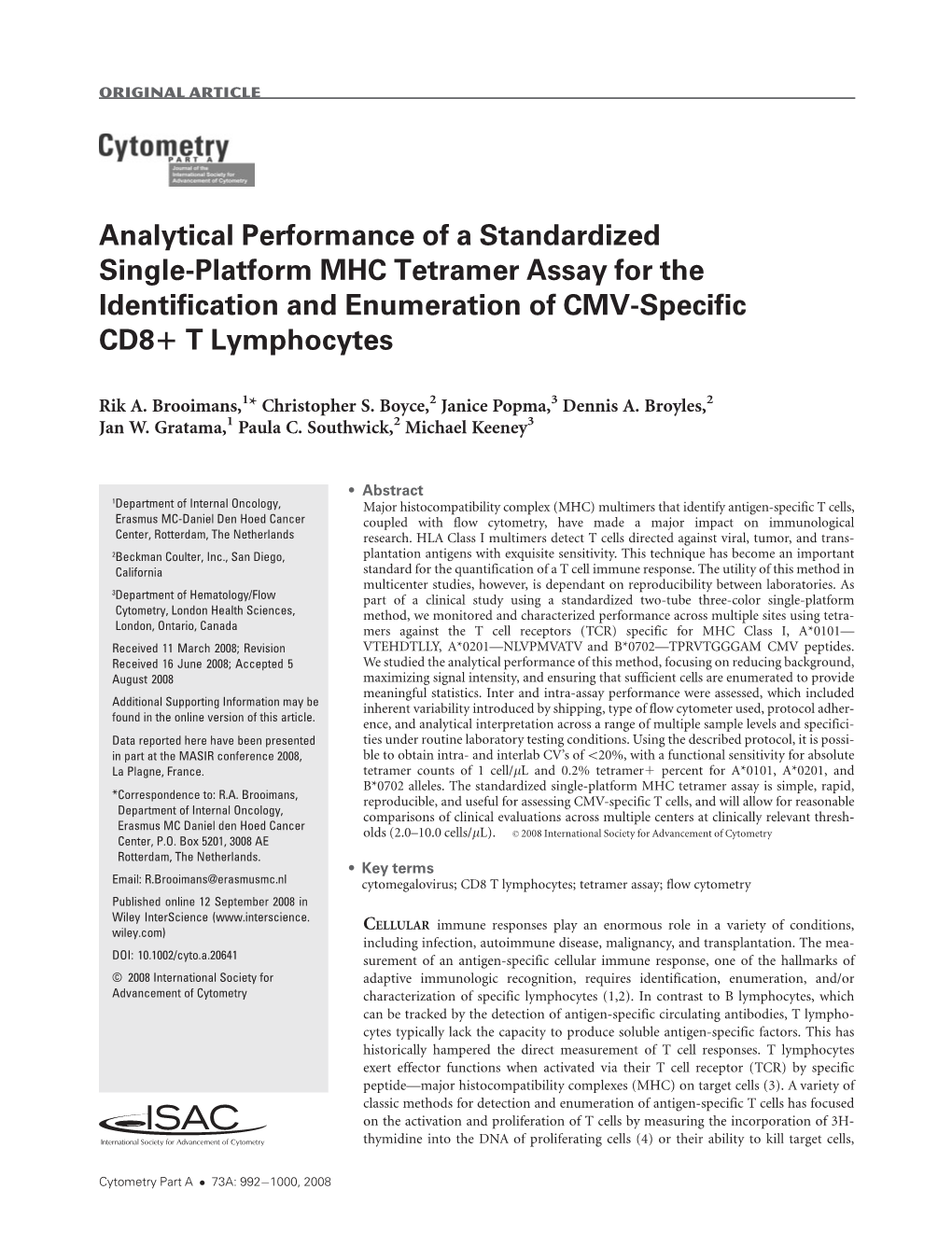 Analytical Performance of a Standardized Single-Platform MHC Tetramer Assay for the Identification and Enumeration of CMV-Specific CD81 T Lymphocytes