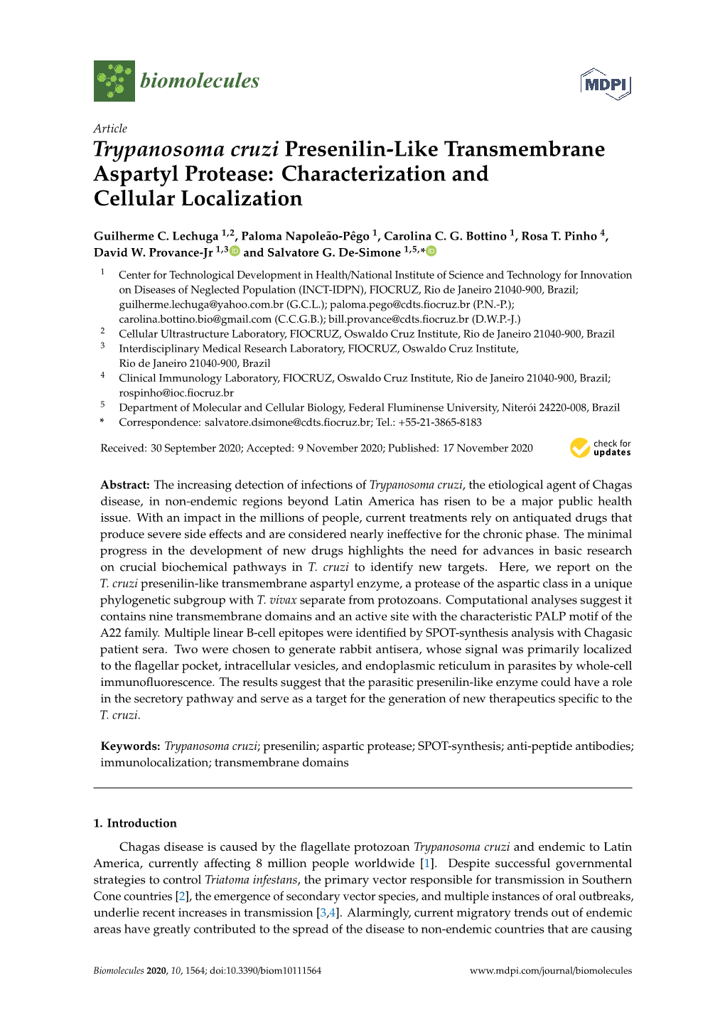 Trypanosoma Cruzi Presenilin-Like Transmembrane Aspartyl Protease: Characterization and Cellular Localization