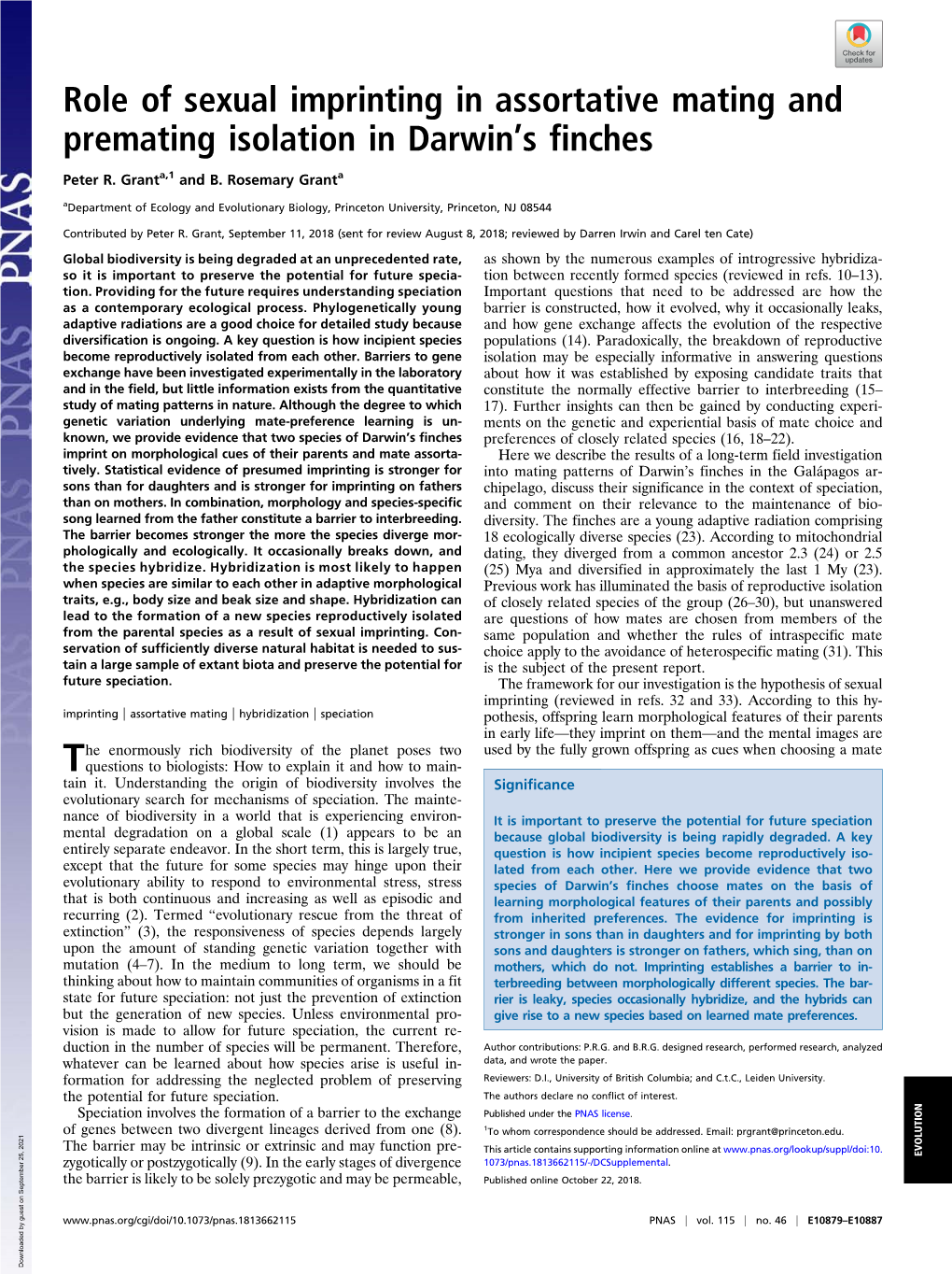 Role of Sexual Imprinting in Assortative Mating and Premating Isolation in Darwin’S Finches