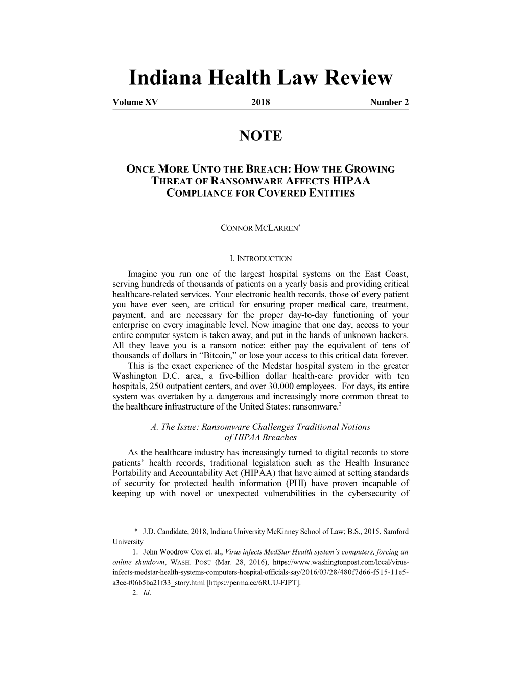 Indiana Health Law Review Volume XV 2018 Number 2