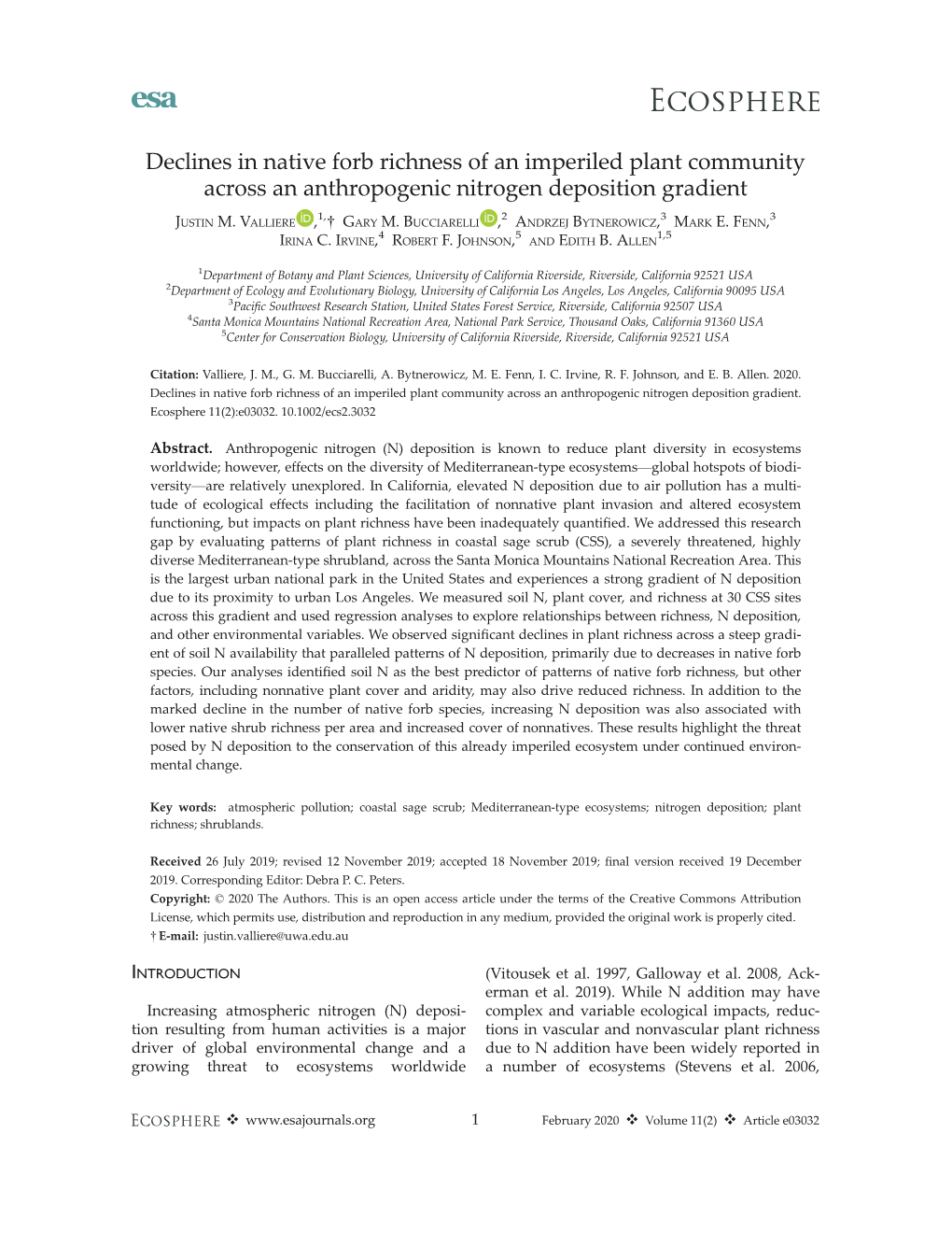 Declines in Native Forb Richness of an Imperiled Plant Community Across an Anthropogenic Nitrogen Deposition Gradient 1, 2 3 3 JUSTIN M