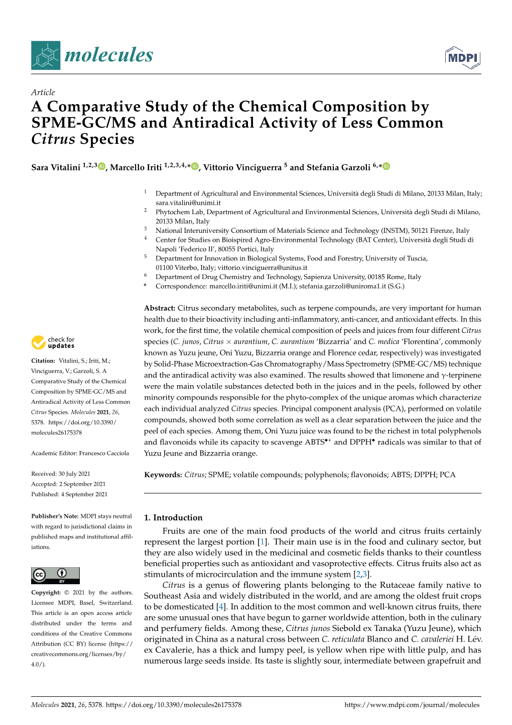 A Comparative Study of the Chemical Composition by SPME-GC/MS and Antiradical Activity of Less Common Citrus Species