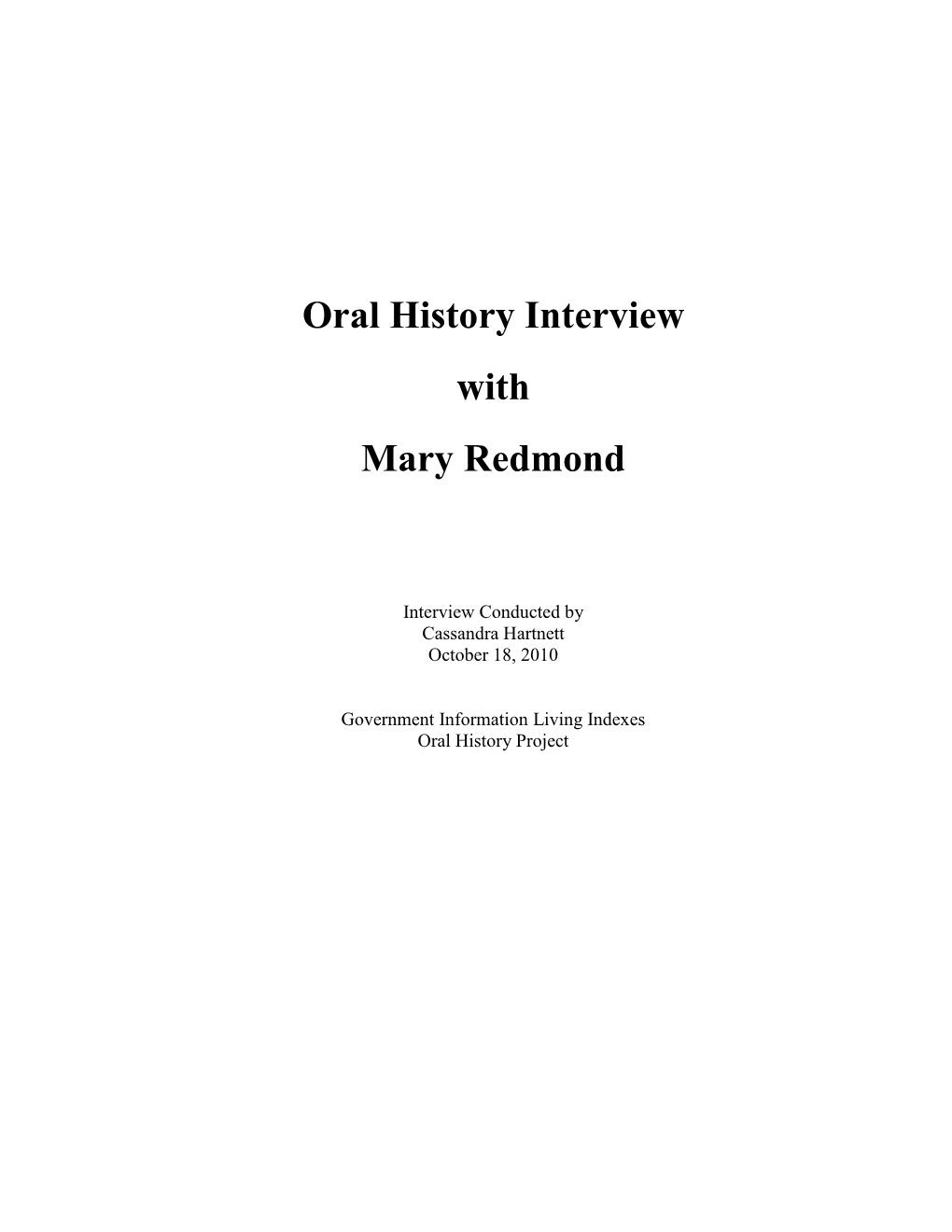 Oral History Interview with Mary Redmond