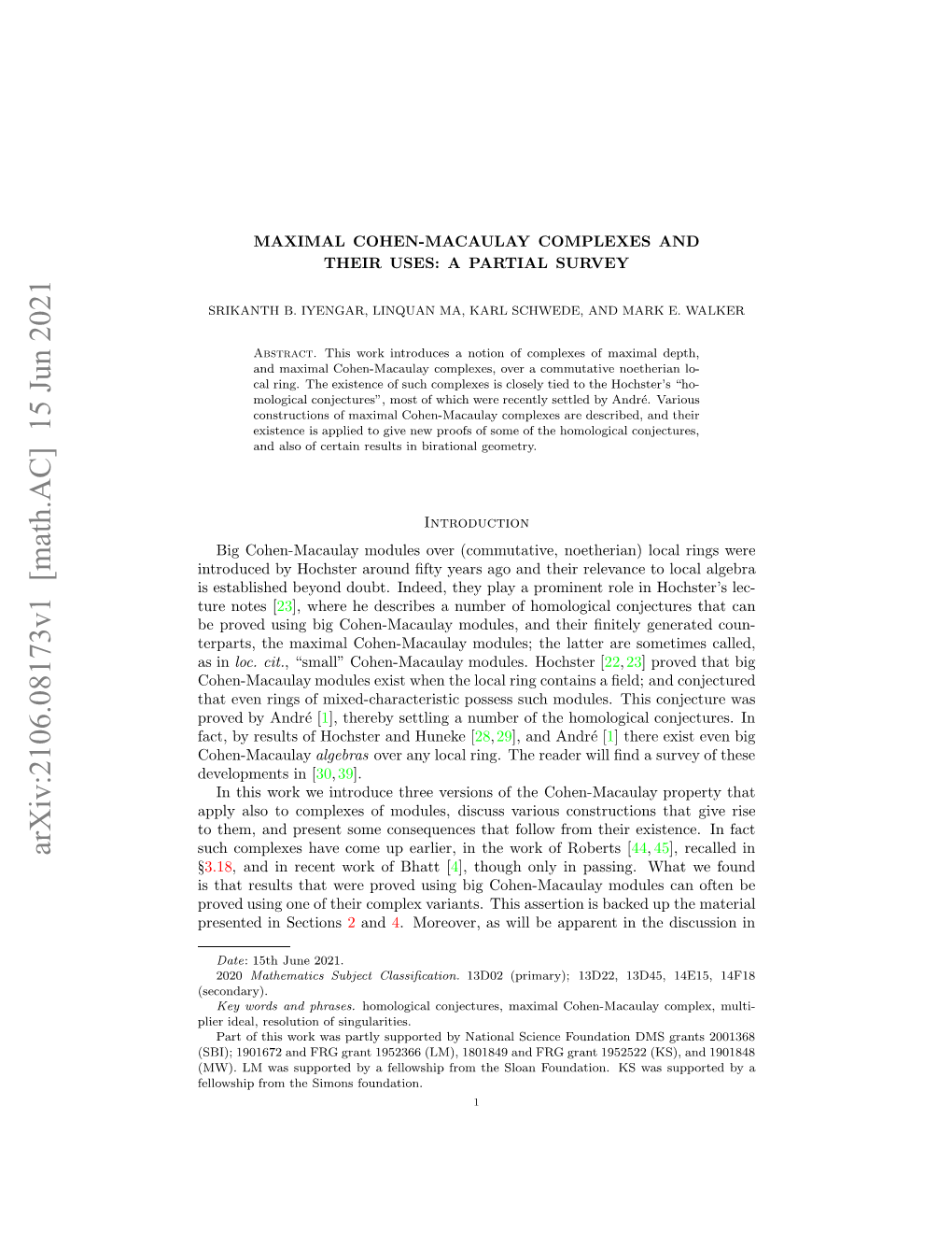 Arxiv:2106.08173V1 [Math.AC] 15 Jun 2021 at Yrslso Ohtradhnk [ Huneke and Hochster of Results by Fact, Le Da,Rslto Fsingularities