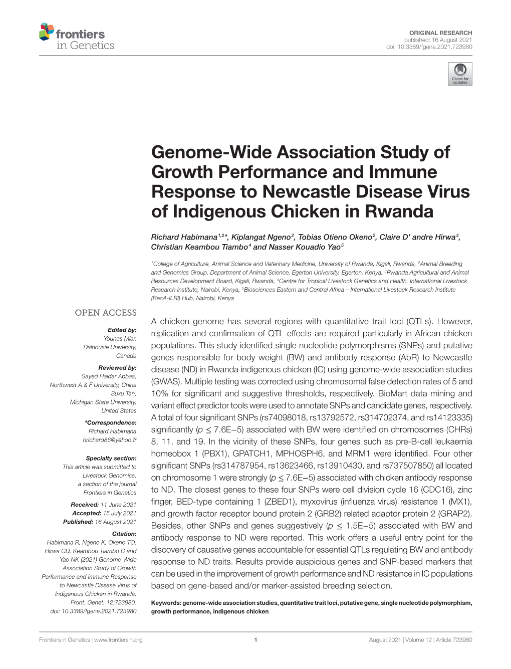 Genome-Wide Association Study of Growth Performance and Immune Response to Newcastle Disease Virus of Indigenous Chicken in Rwanda