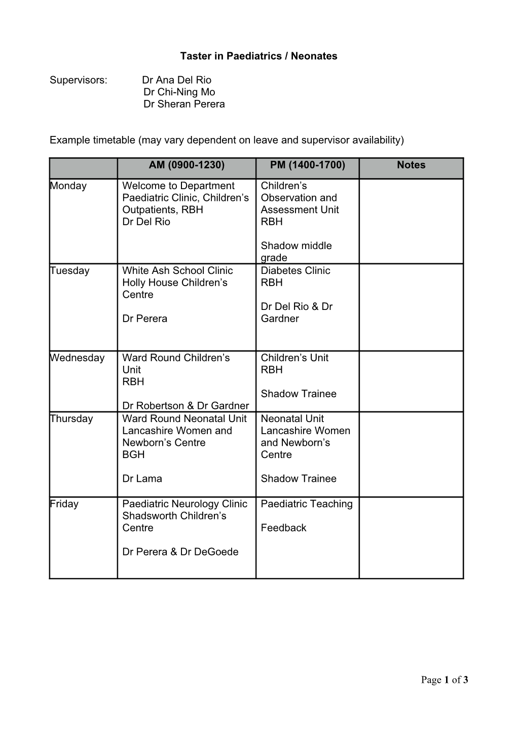 Taster in Paediatrics / Neonates