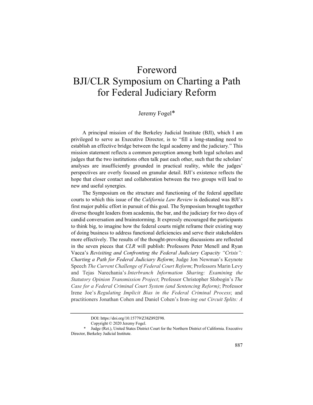 Foreword BJI/CLR Symposium on Charting a Path for Federal Judiciary Reform