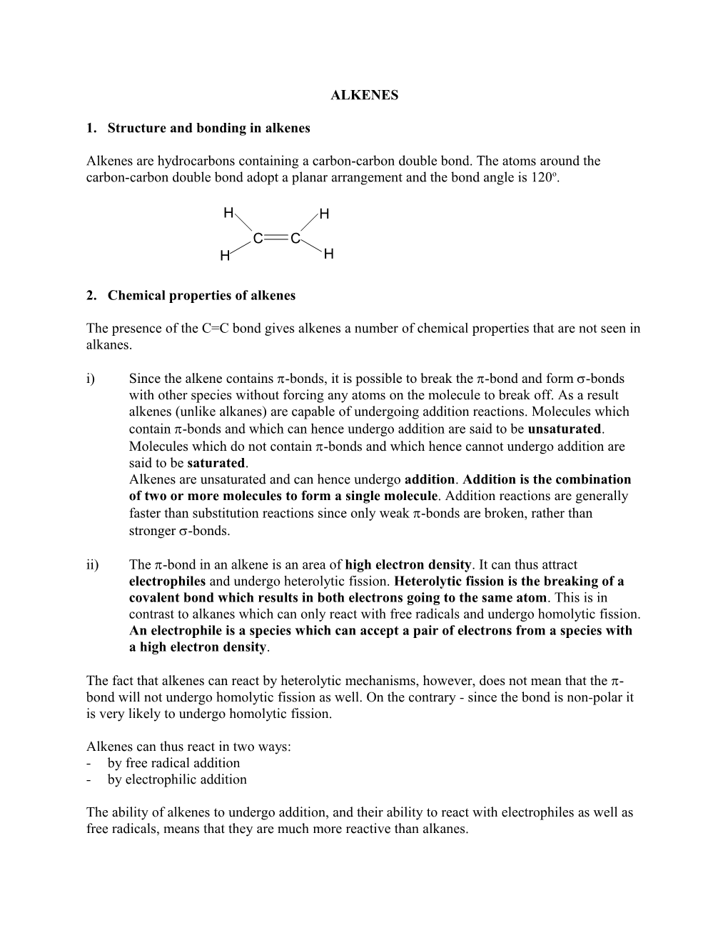 1. Structure and Bonding in Alkenes