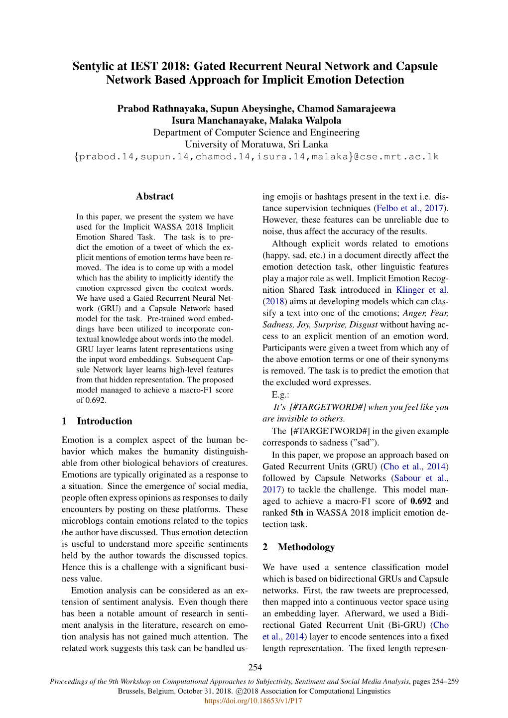 Gated Recurrent Neural Network and Capsule Network Based Approach for Implicit Emotion Detection