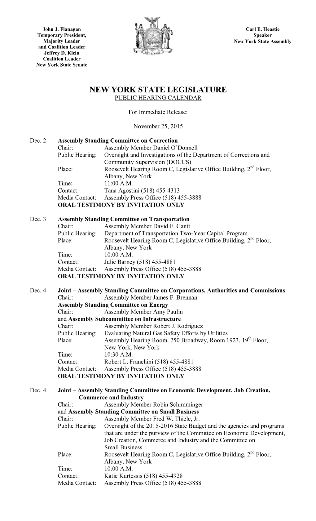 New York State Legislature Public Hearing Calendar