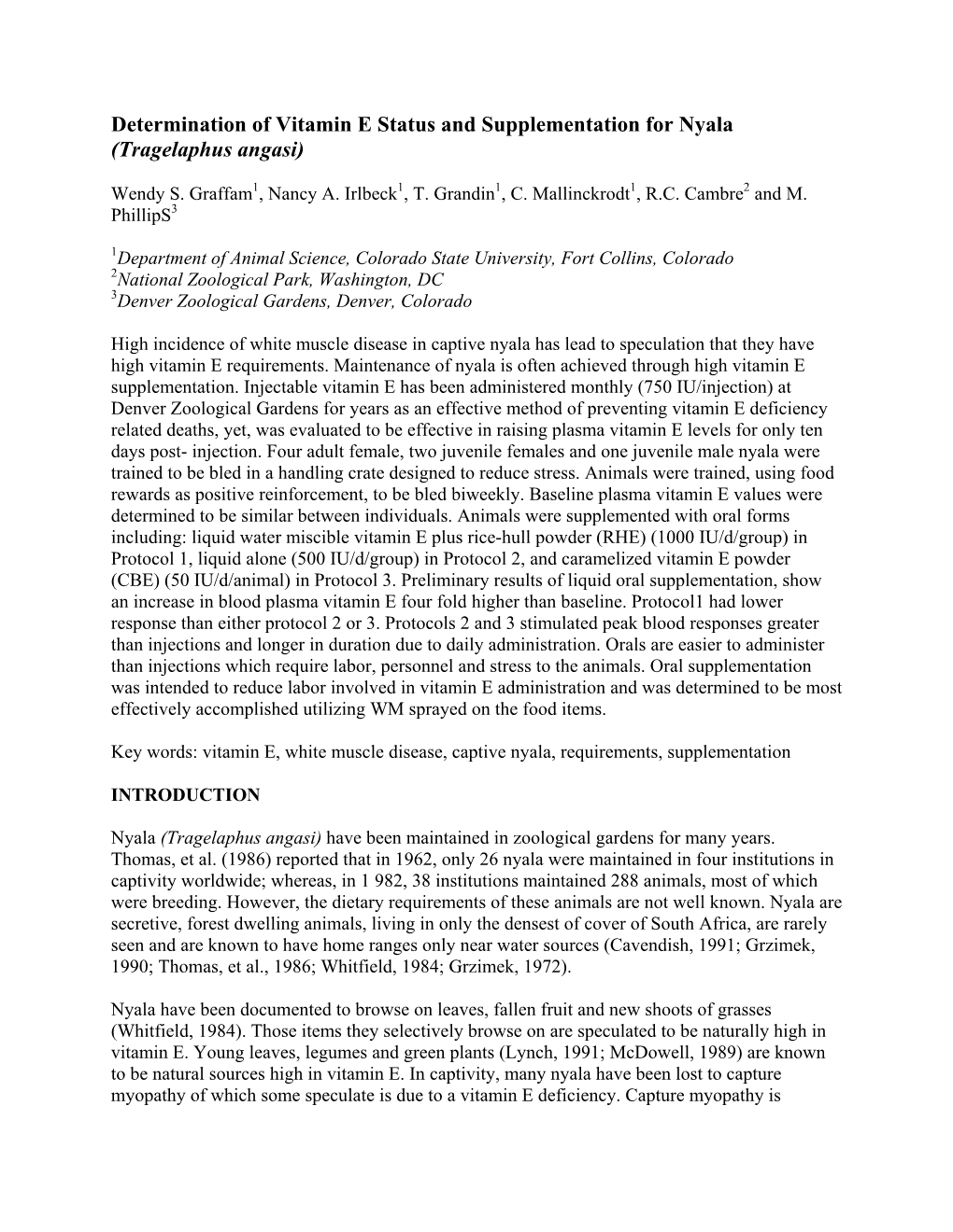 Determination of Vitamin E Status and Supplementation for Nyala (Tragelaphus Angasi)
