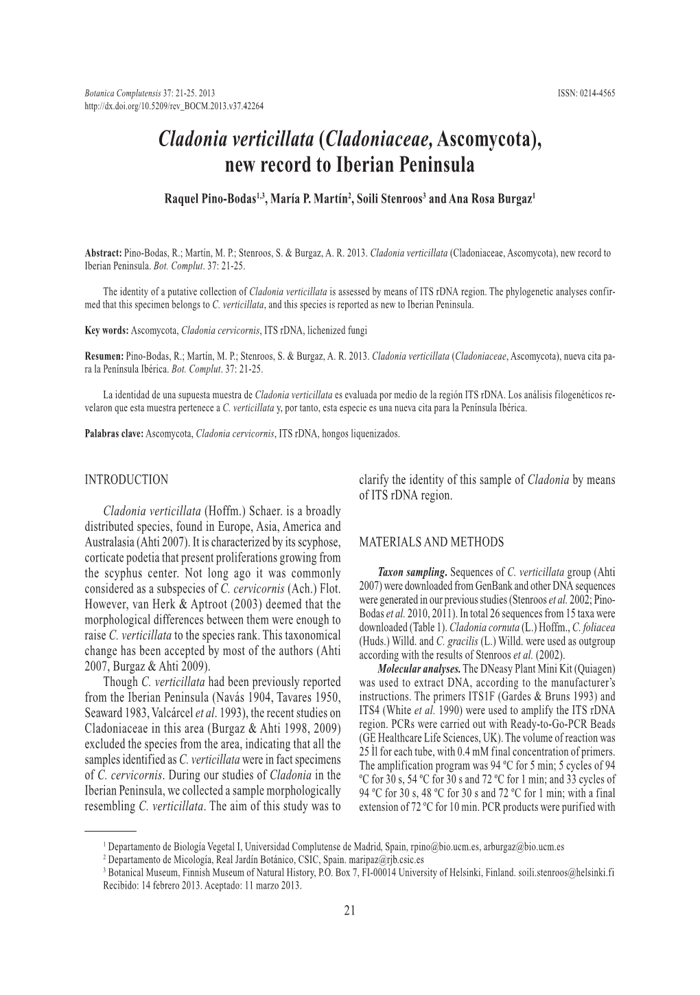 Cladonia Verticillata (Cladoniaceae, Ascomycota), New Record to Iberian Peninsula
