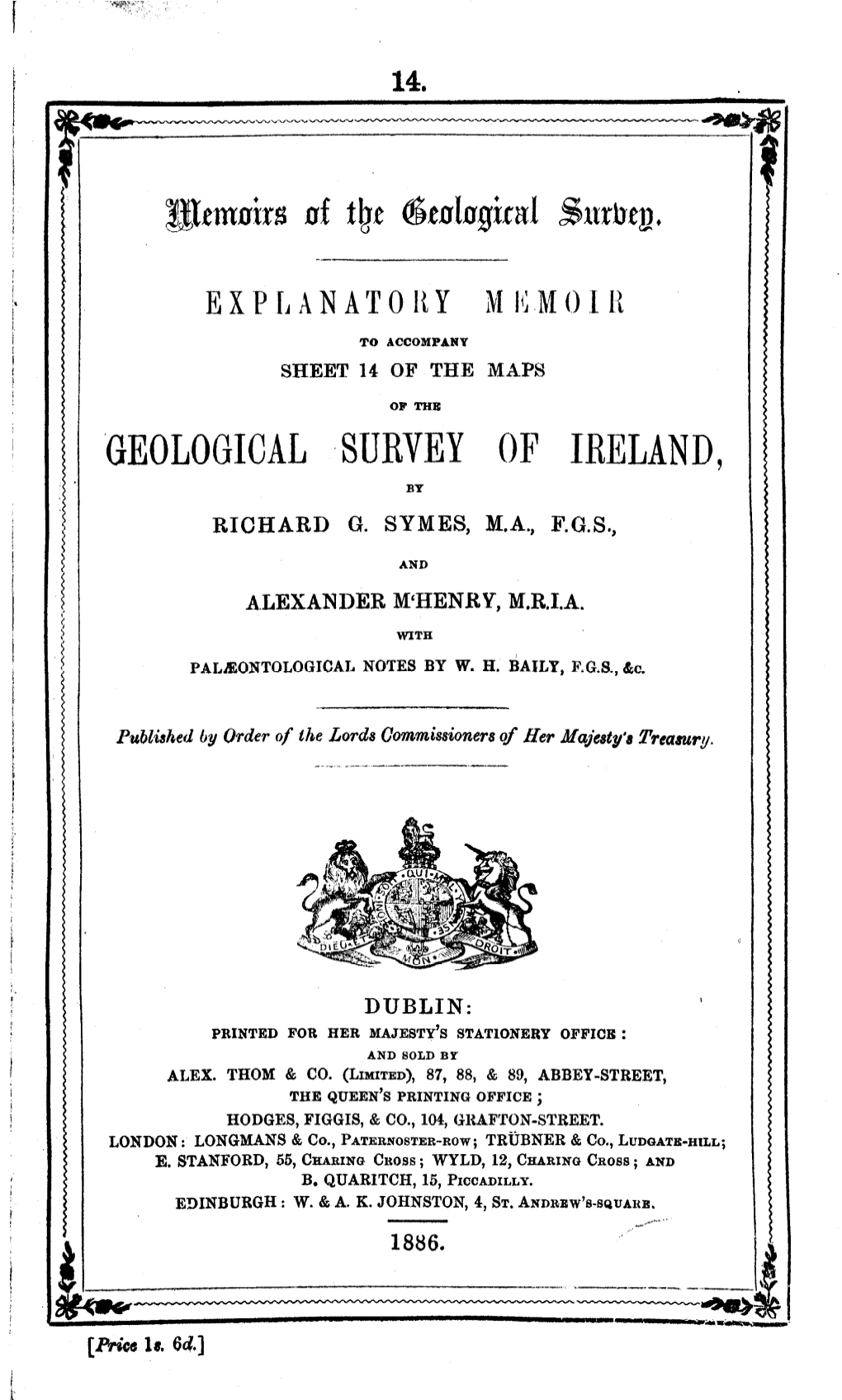 Explanatory Memoir to Accompany Sheet 14 of the Maps of the Geological Survey of Ireland EA014 Memoirs of the Geological Surve