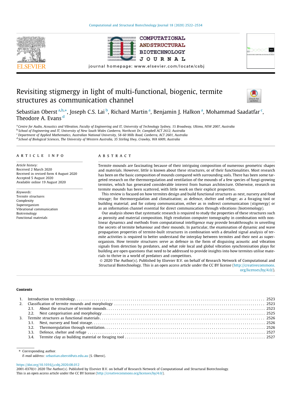 Revisiting Stigmergy in Light of Multi-Functional, Biogenic, Termite Structures As Communication Channel ⇑ Sebastian Oberst A,B, , Joseph C.S