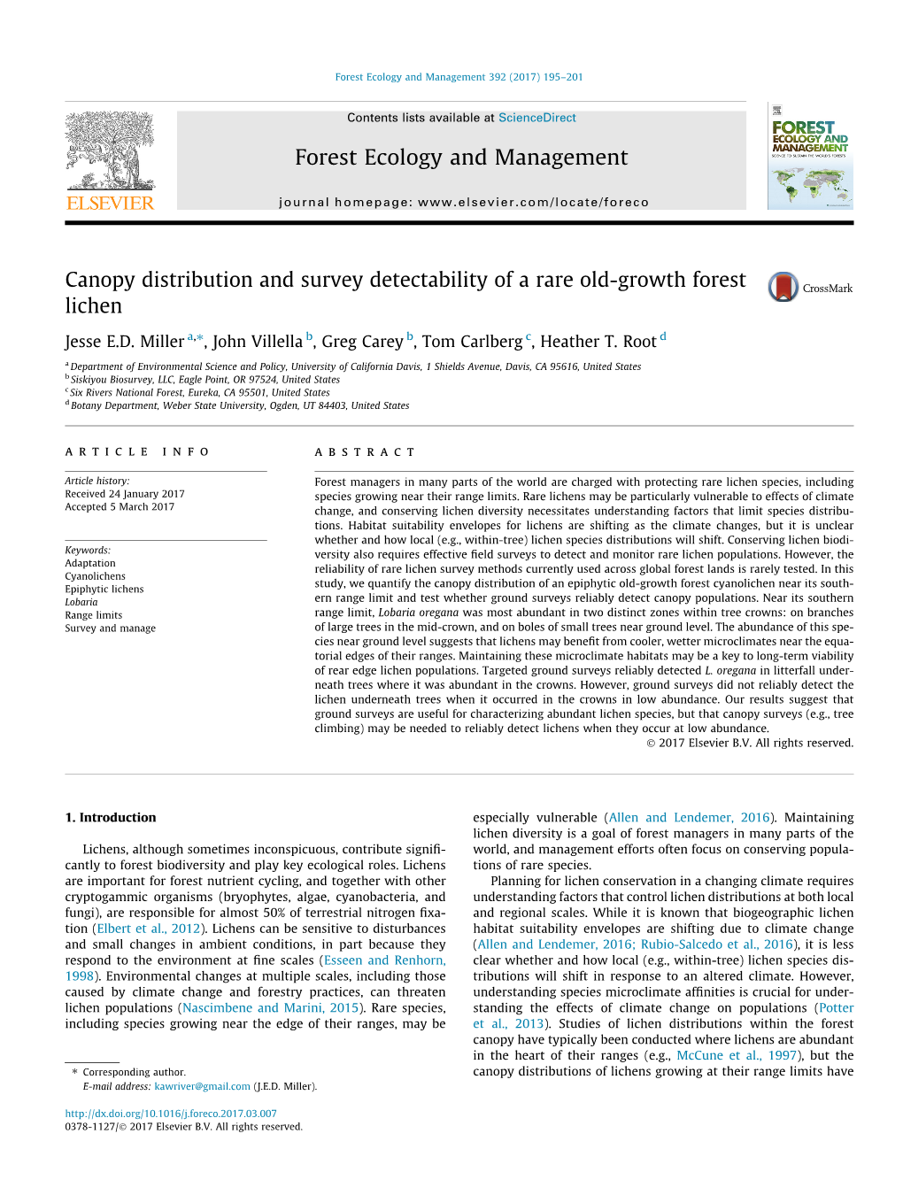 Canopy Distribution and Survey Detectability of a Rare Old-Growth Forest Lichen ⇑ Jesse E.D