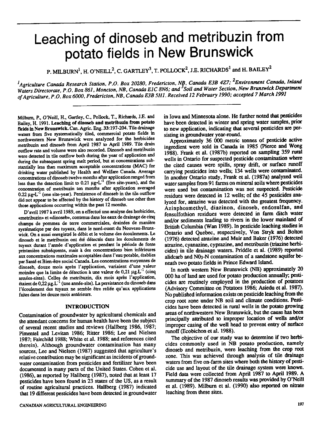 Leaching of Dinoseb and Metribuzin from Potato Fields in New Brunswick P