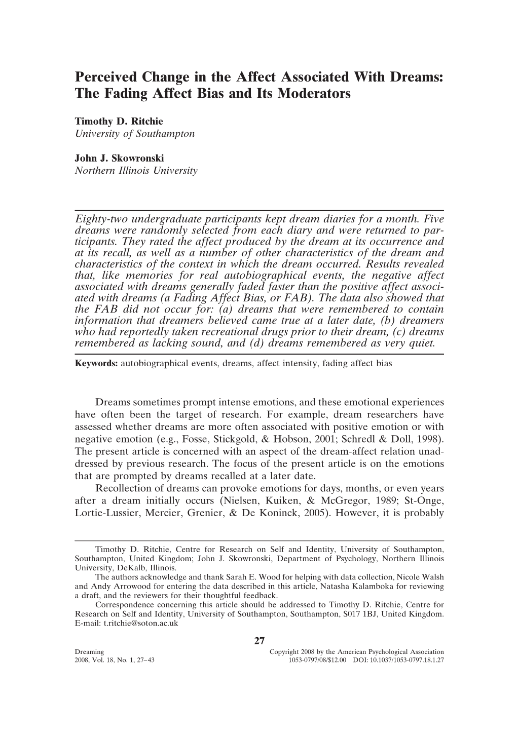 Perceived Change in the Affect Associated with Dreams: the Fading Affect Bias and Its Moderators