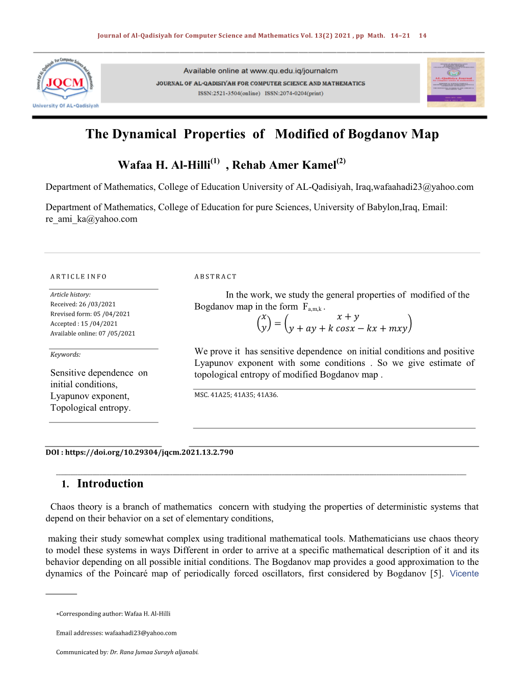 The Dynamical Properties of Modified of Bogdanov Map