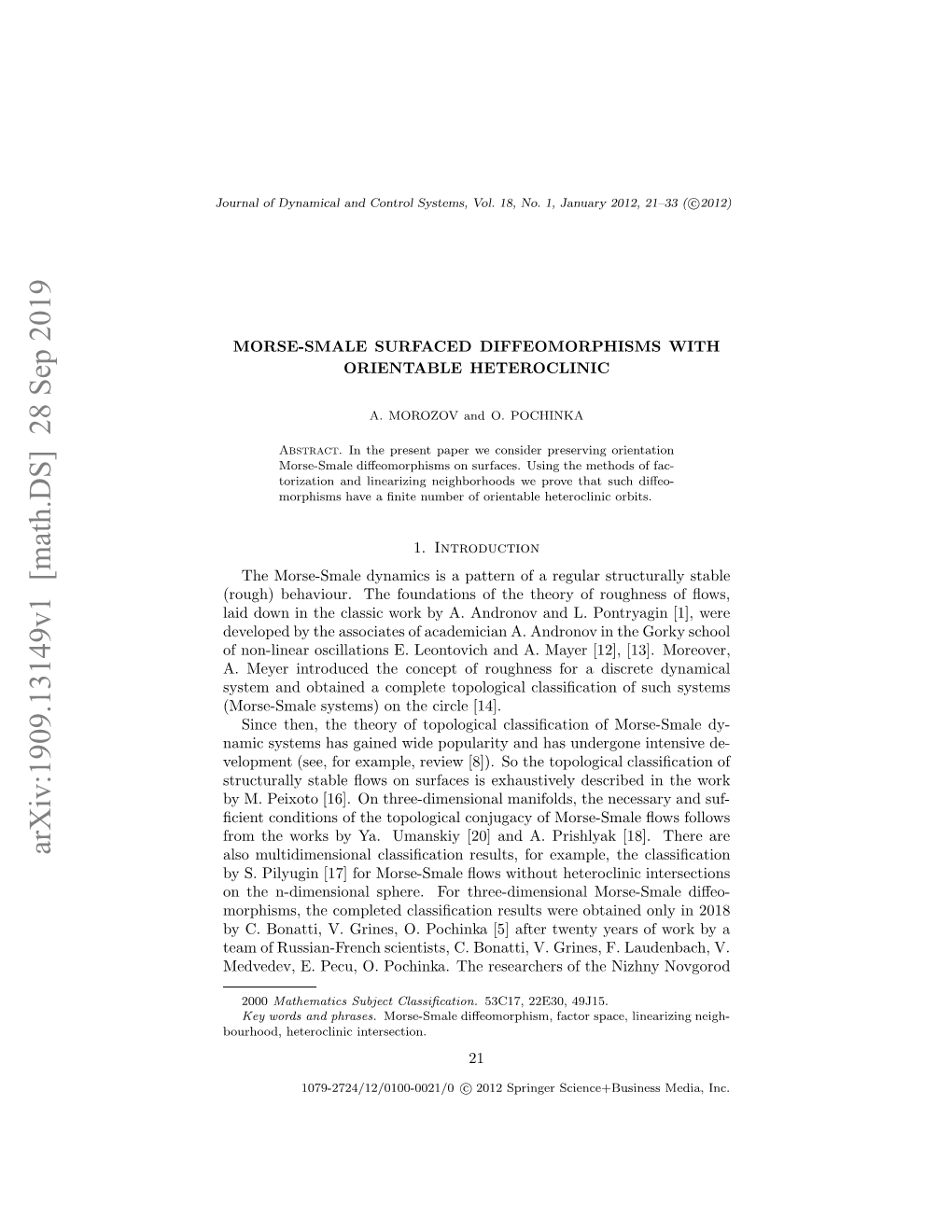 Arxiv:1909.13149V1 [Math.DS] 28 Sep 2019 Ora Fdnmcladcnrlsses O.1,N.1 Jan 1, No