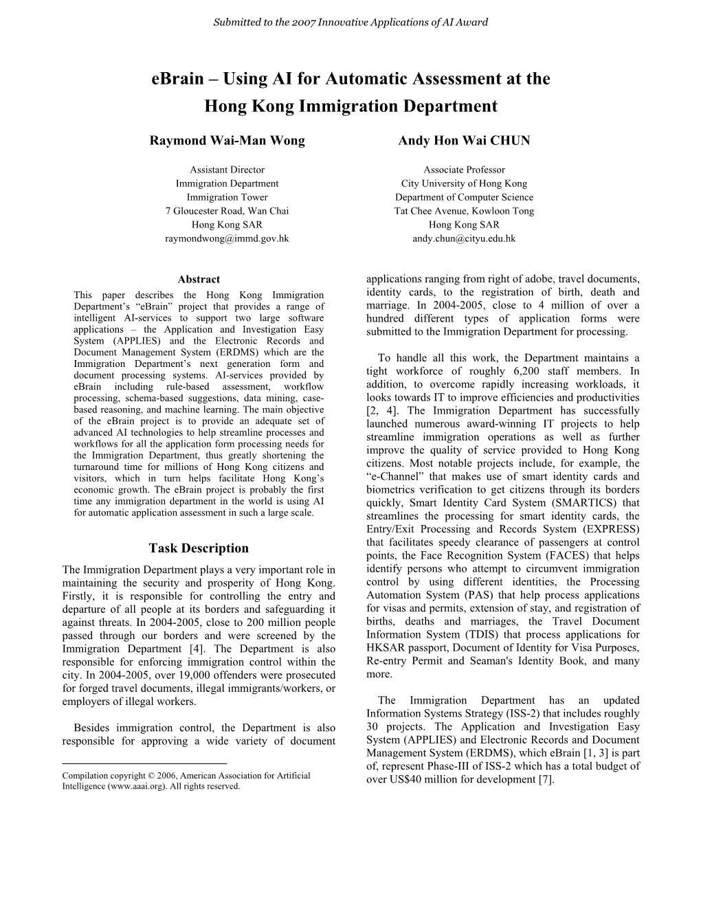 Ebrain – Using AI for Automatic Assessment at the Hong Kong Immigration Department