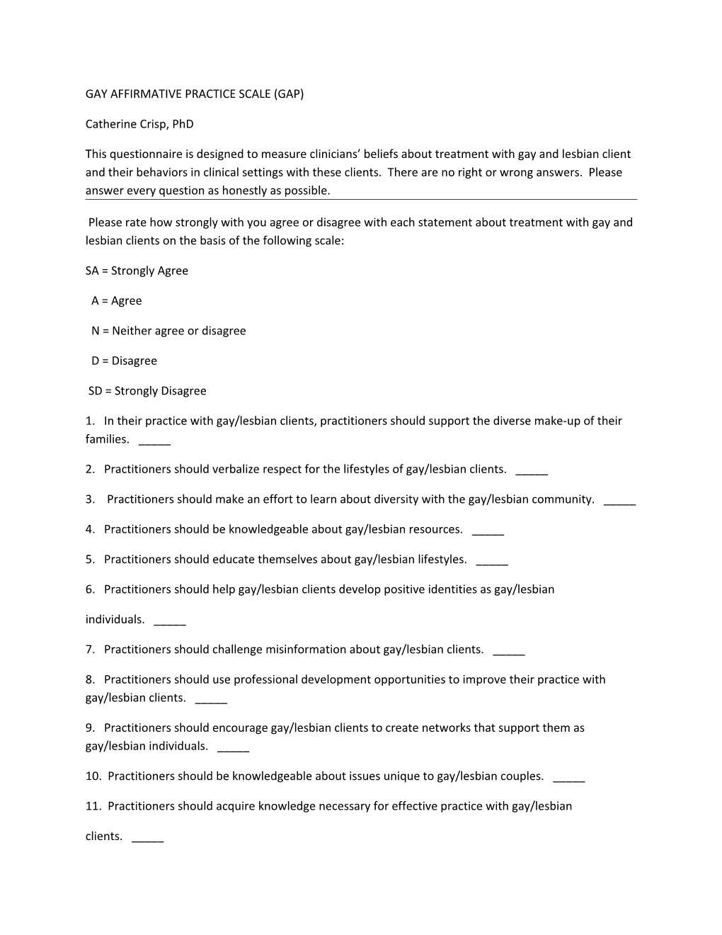 Gay Affirmative Practice Scale (Gap)