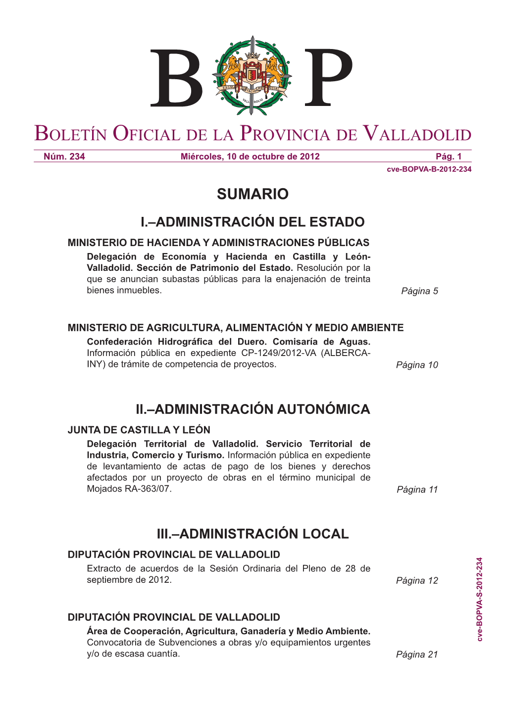 ADMINISTRACIÓN LOCAL DIPUTACIÓN PROVINCIAL DE VALLADOLID Extracto De Acuerdos De La Sesión Ordinaria Del Pleno De 28 De Septiembre De 2012