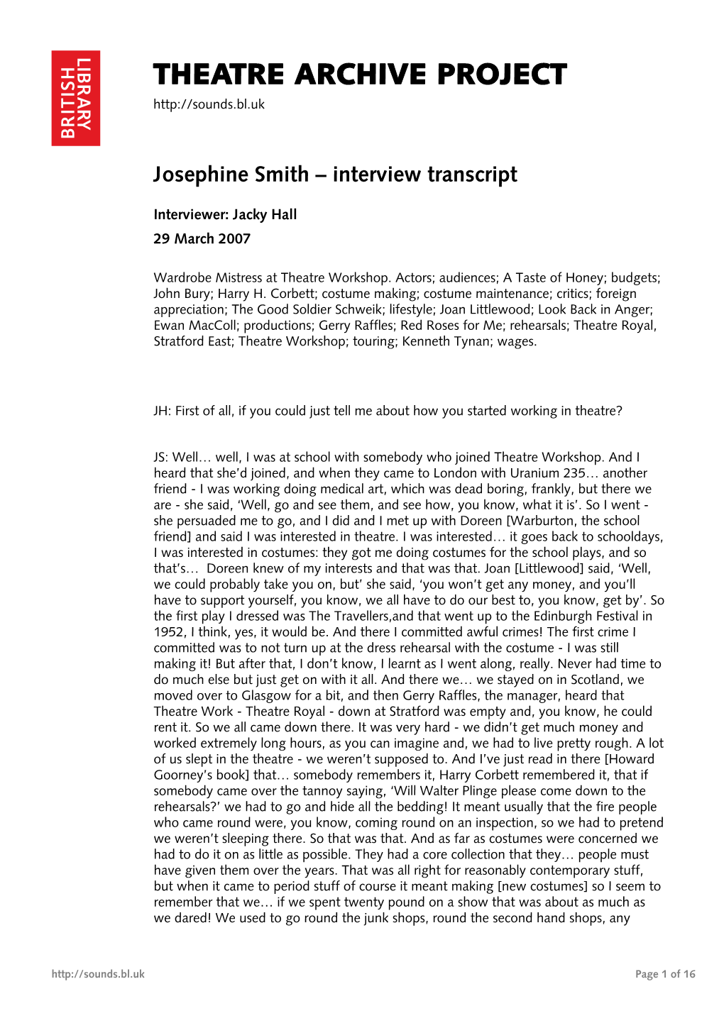 Theatre Archive Project: Interview with Josephine Smith