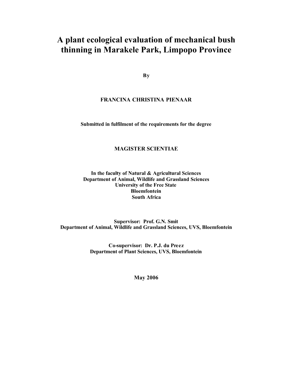 M.Sc Thesis, University of the Free State, Bloemfontein