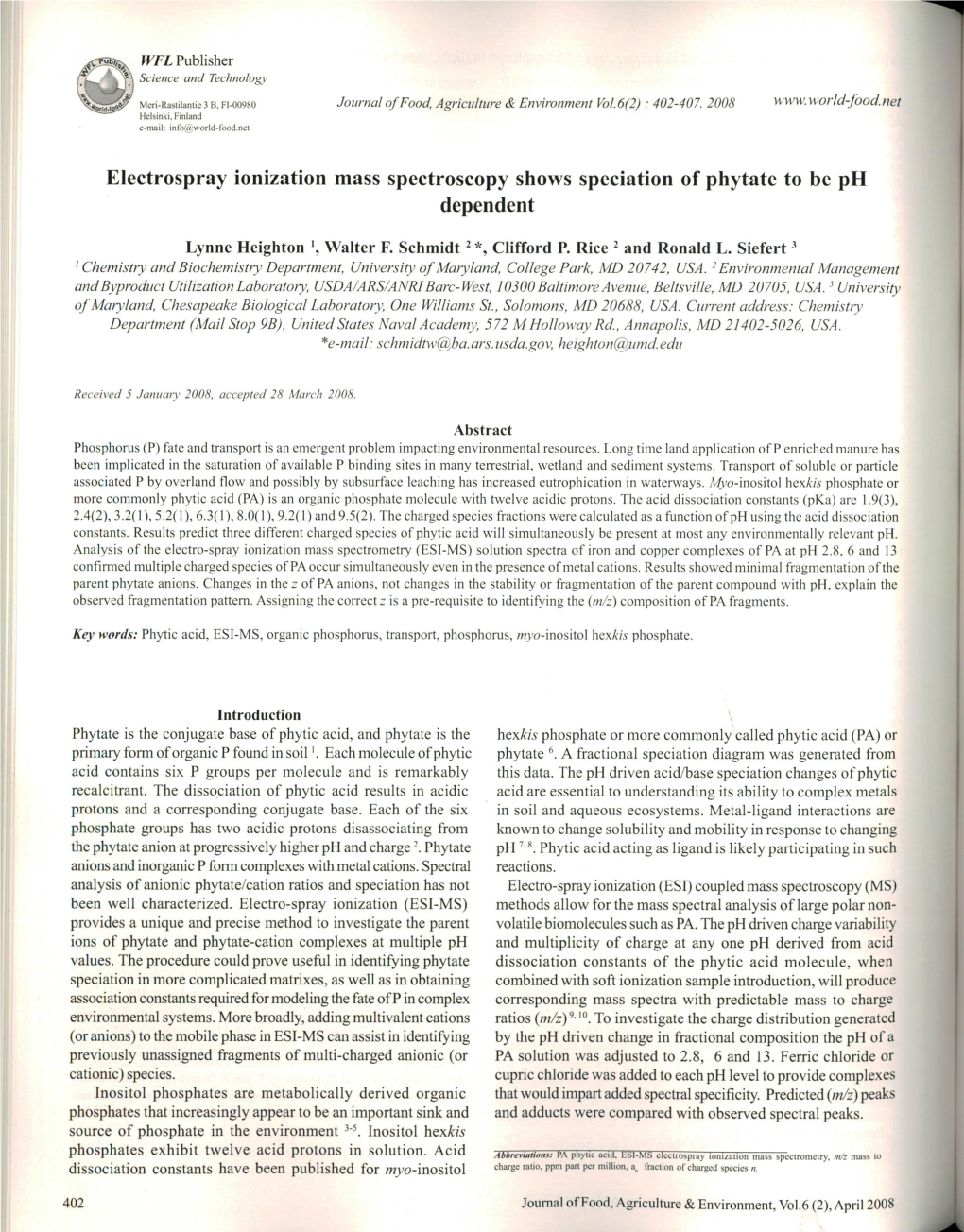 Electrospray Ionization Mass Spectroscopy Shows Speciation of Phytate to Be Ph Dependent