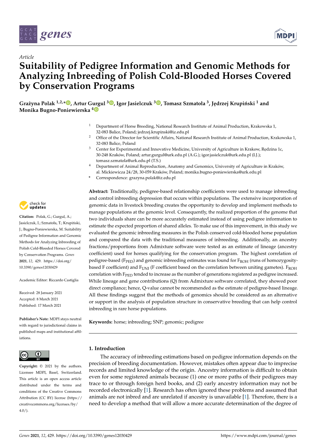 Suitability of Pedigree Information and Genomic Methods for Analyzing Inbreeding of Polish Cold-Blooded Horses Covered by Conservation Programs