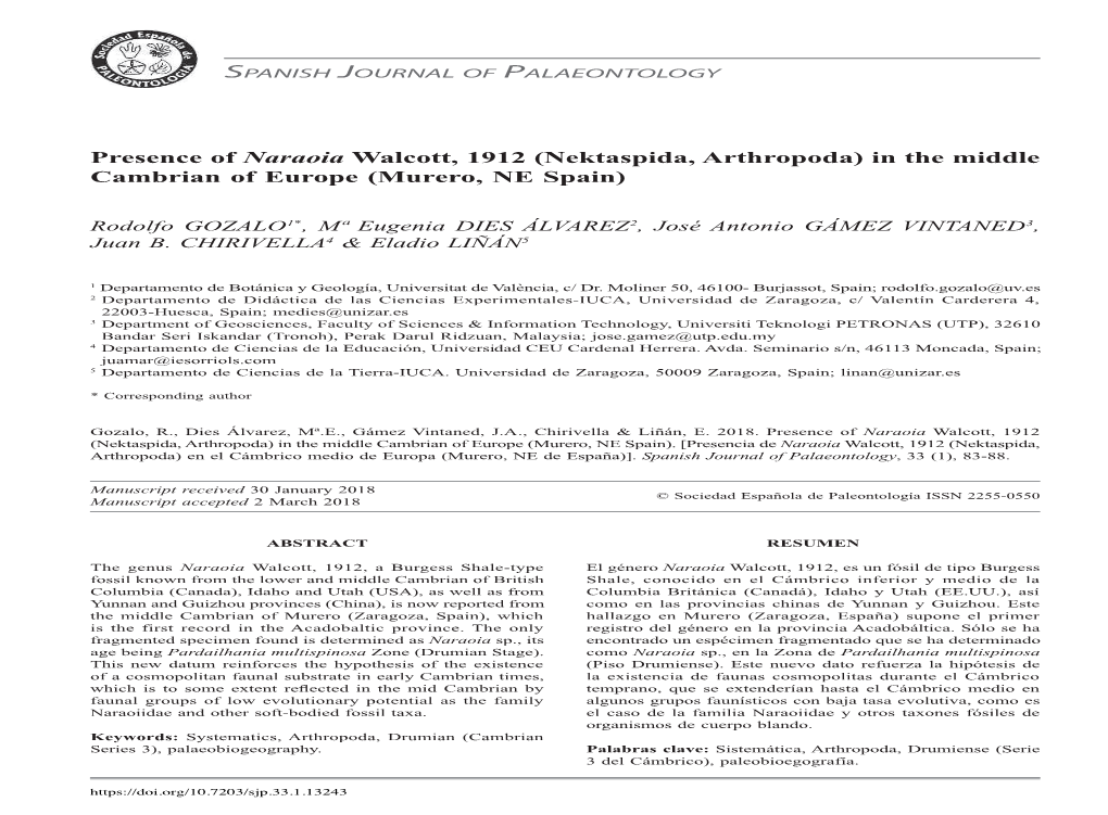 Presence of Naraoia Walcott, 1912 in the Middle Cambrian of Europe