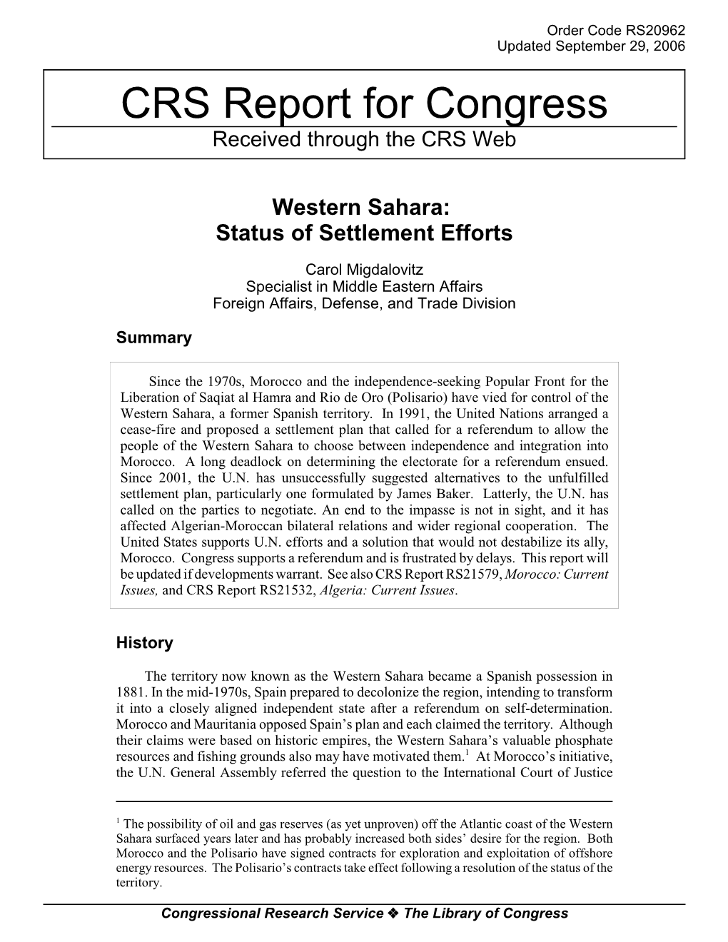 Western Sahara: Status of Settlement Efforts