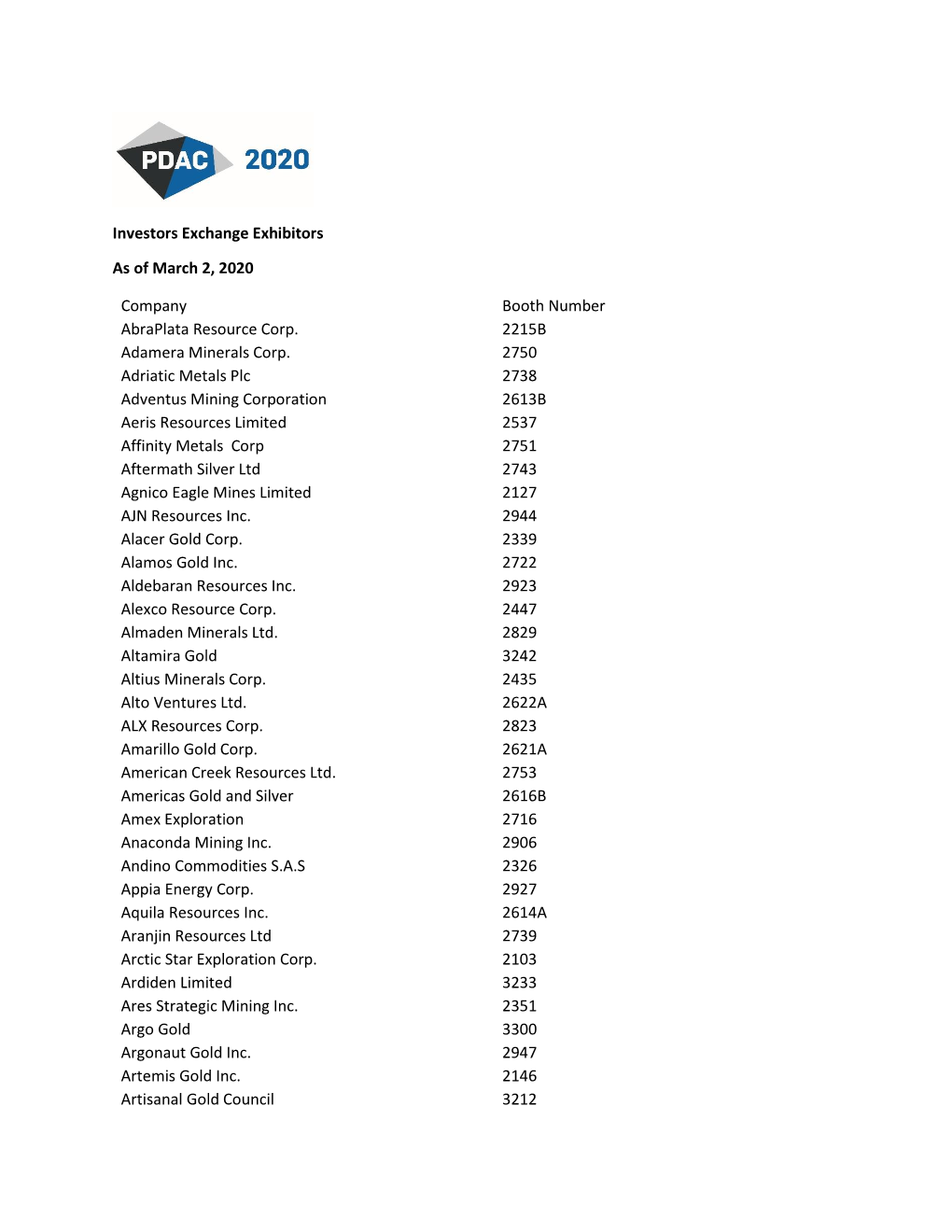 Investors Exchange Exhibitors As of March 2, 2020 Company Booth