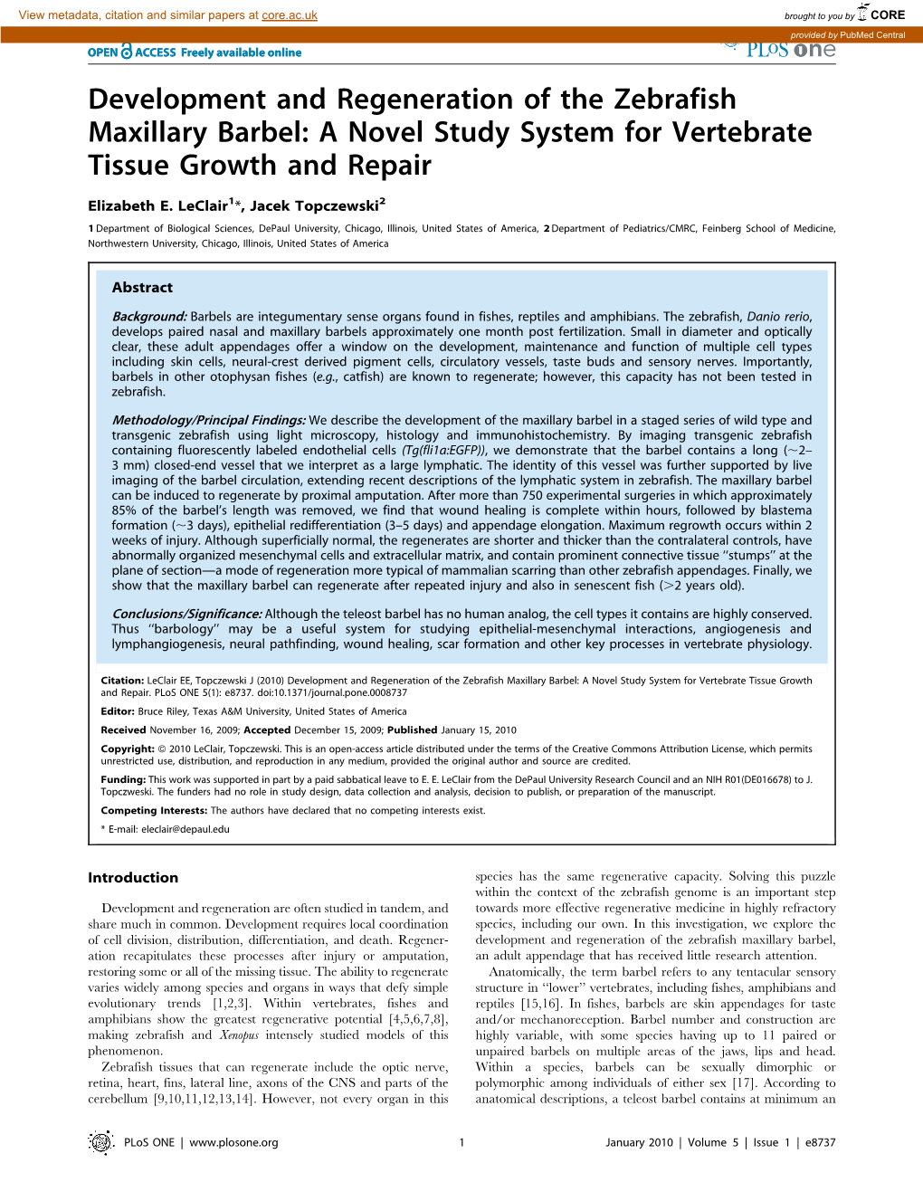 Development and Regeneration of the Zebrafish Maxillary Barbel: a Novel Study System for Vertebrate Tissue Growth and Repair