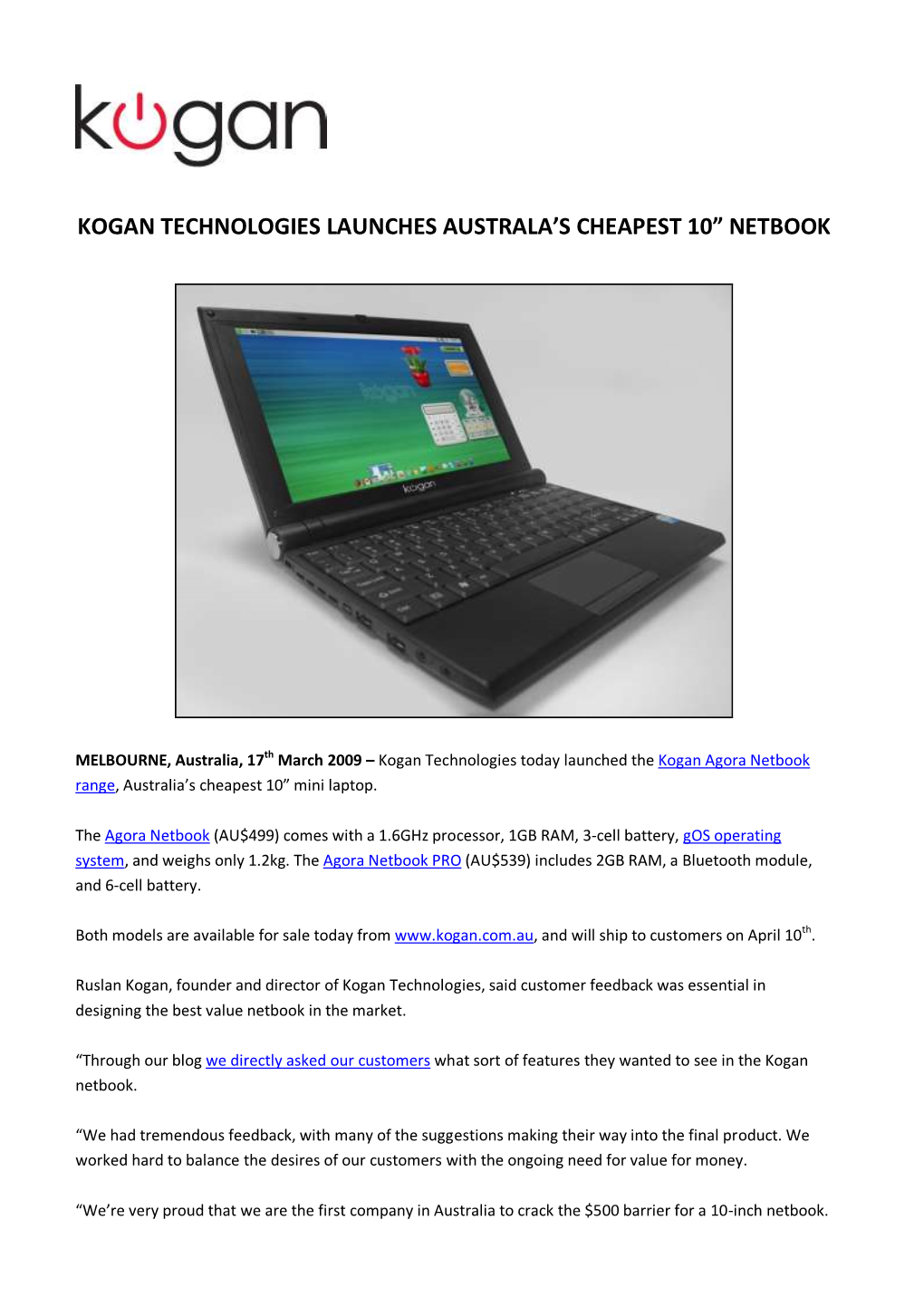 Kogan Technologies Launches Australa's