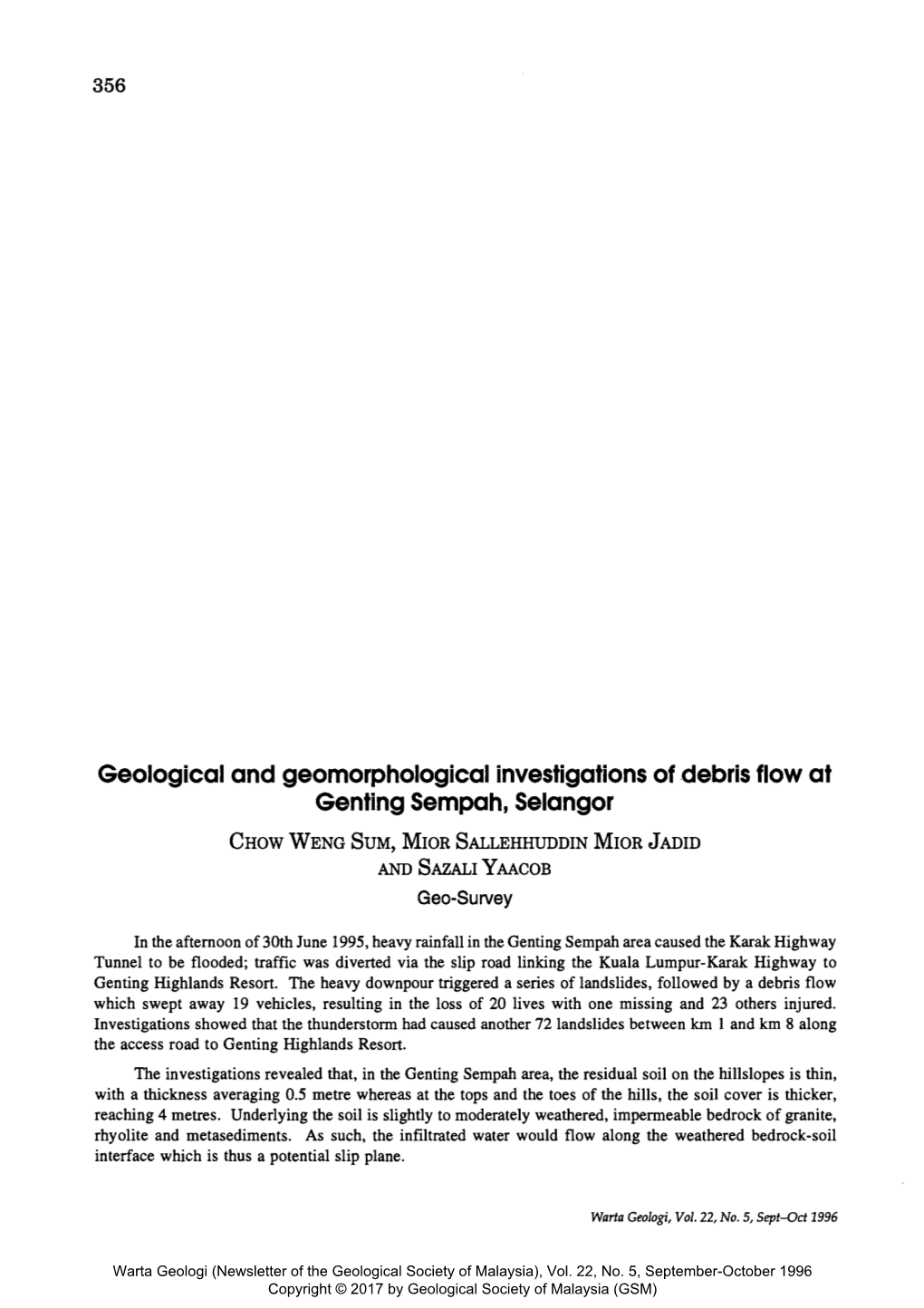 Geological and Geomorphological Investigations of Debris Flow at Genting Sempah, Selangor