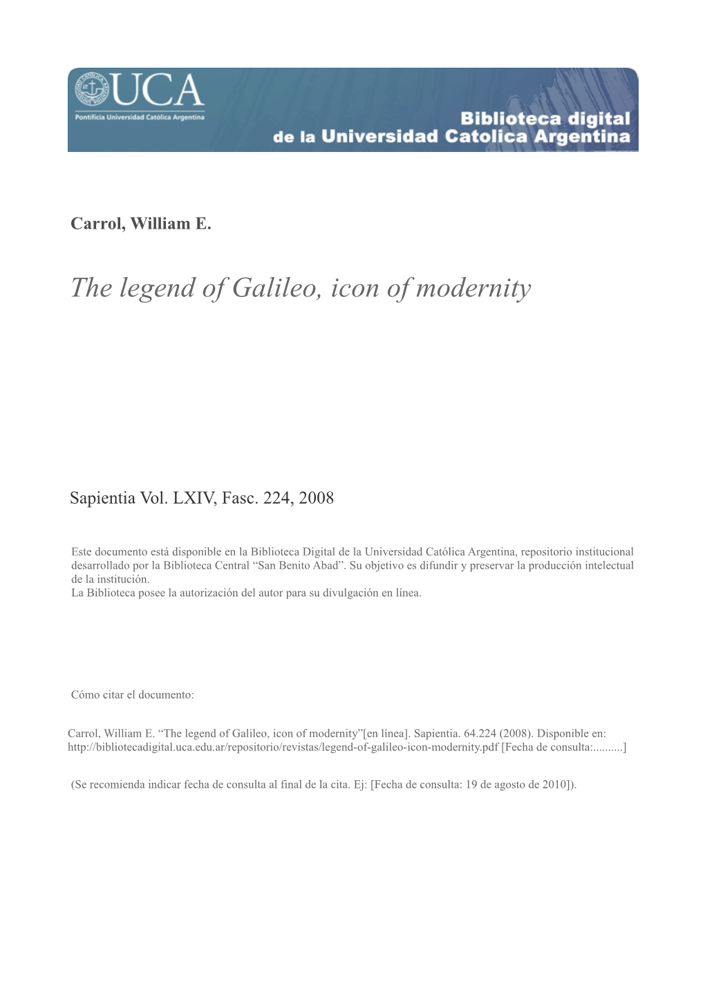 The Legend of Galileo, Icon of Modernity