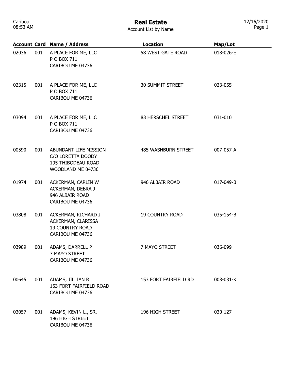 Real Estate 12/16/2020 08:53 AM Account List by Name Page 1