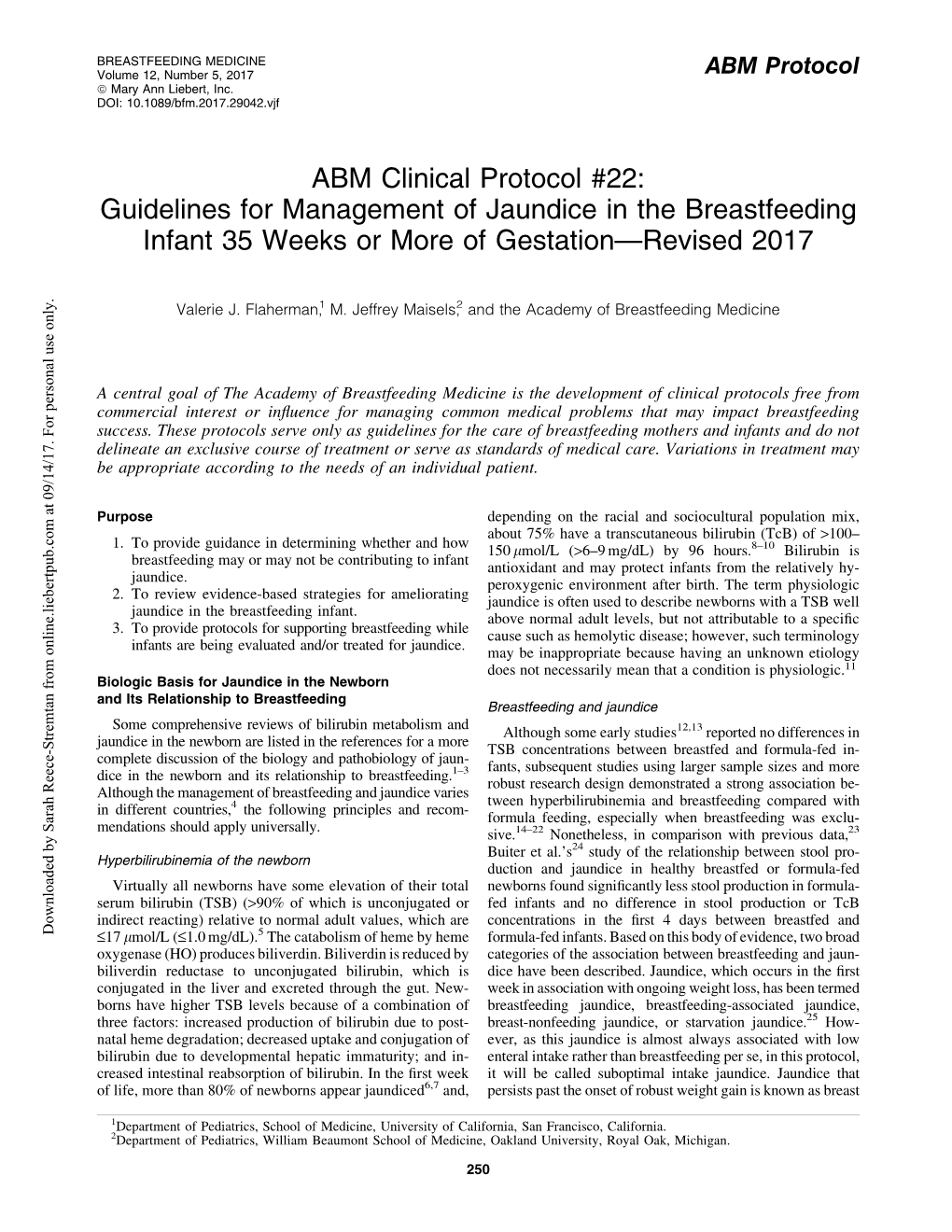 ABM Clinical Protocol #22: Guidelines for Management of Jaundice in the Breastfeeding Infant 35 Weeks Or More of Gestation—Revised 2017