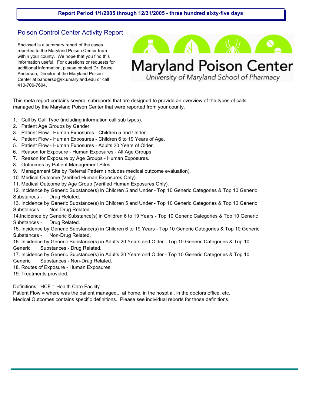 Poison Control Center Activity Report