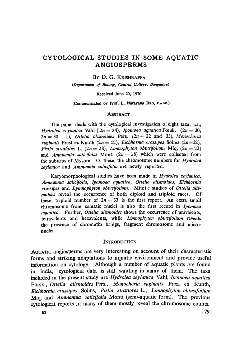 Cytological Studies in Some Aquatic Angiosperms