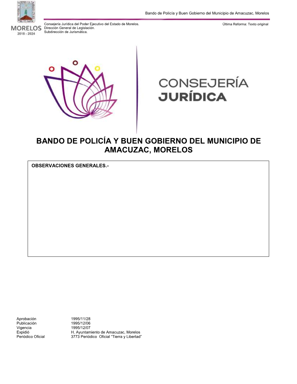 Bando De Policía Y Buen Gobierno Del Municipio De Amacuzac, Morelos