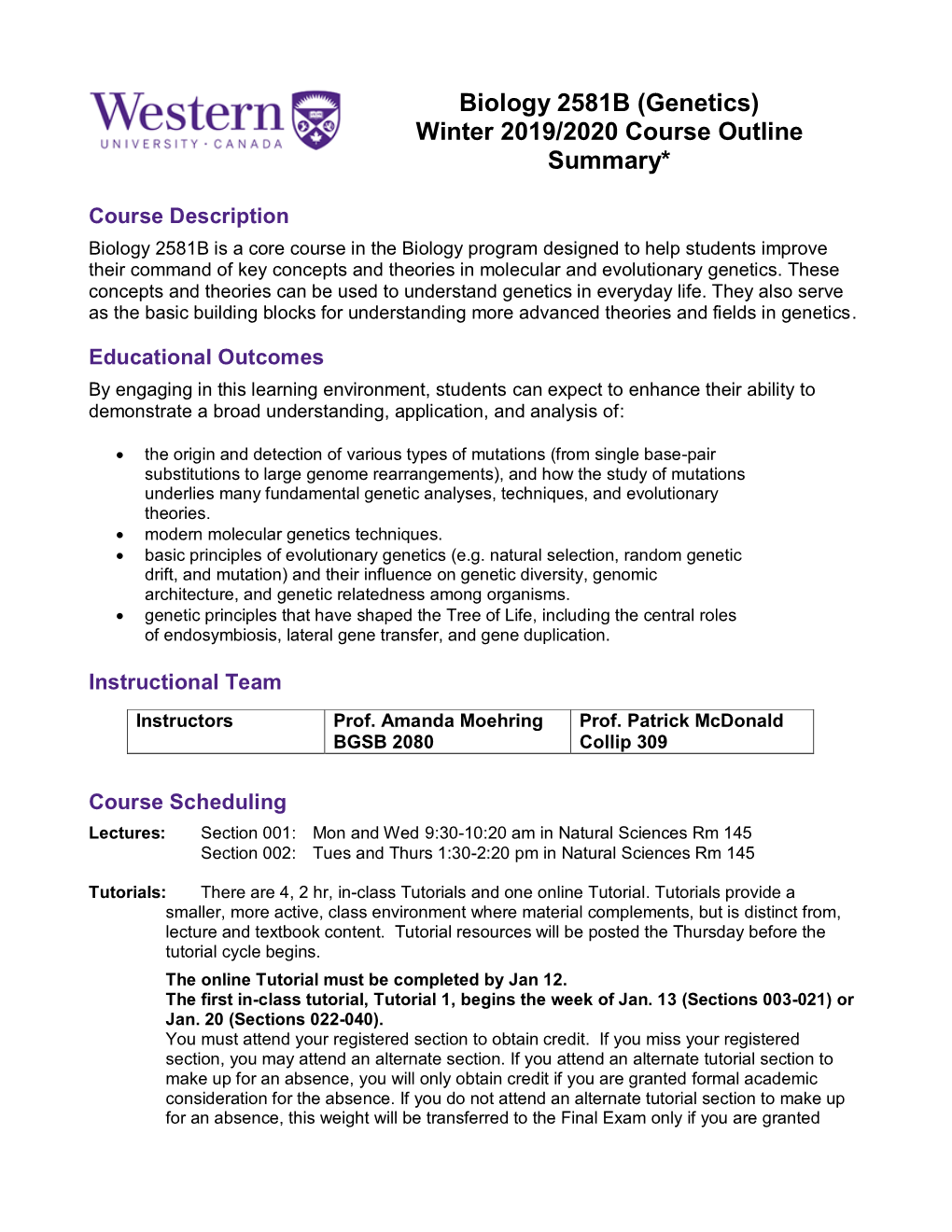 Biology 2581B (Genetics) Winter 2019/2020 Course Outline Summary*