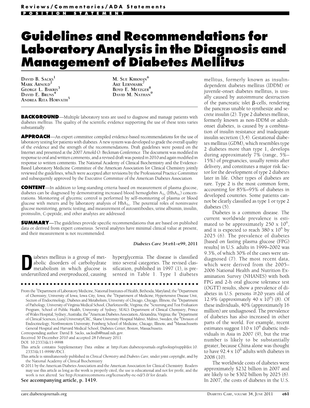 Guidelines and Recommendations for Laboratory Analysis in the Diagnosis and Management of Diabetes Mellitus