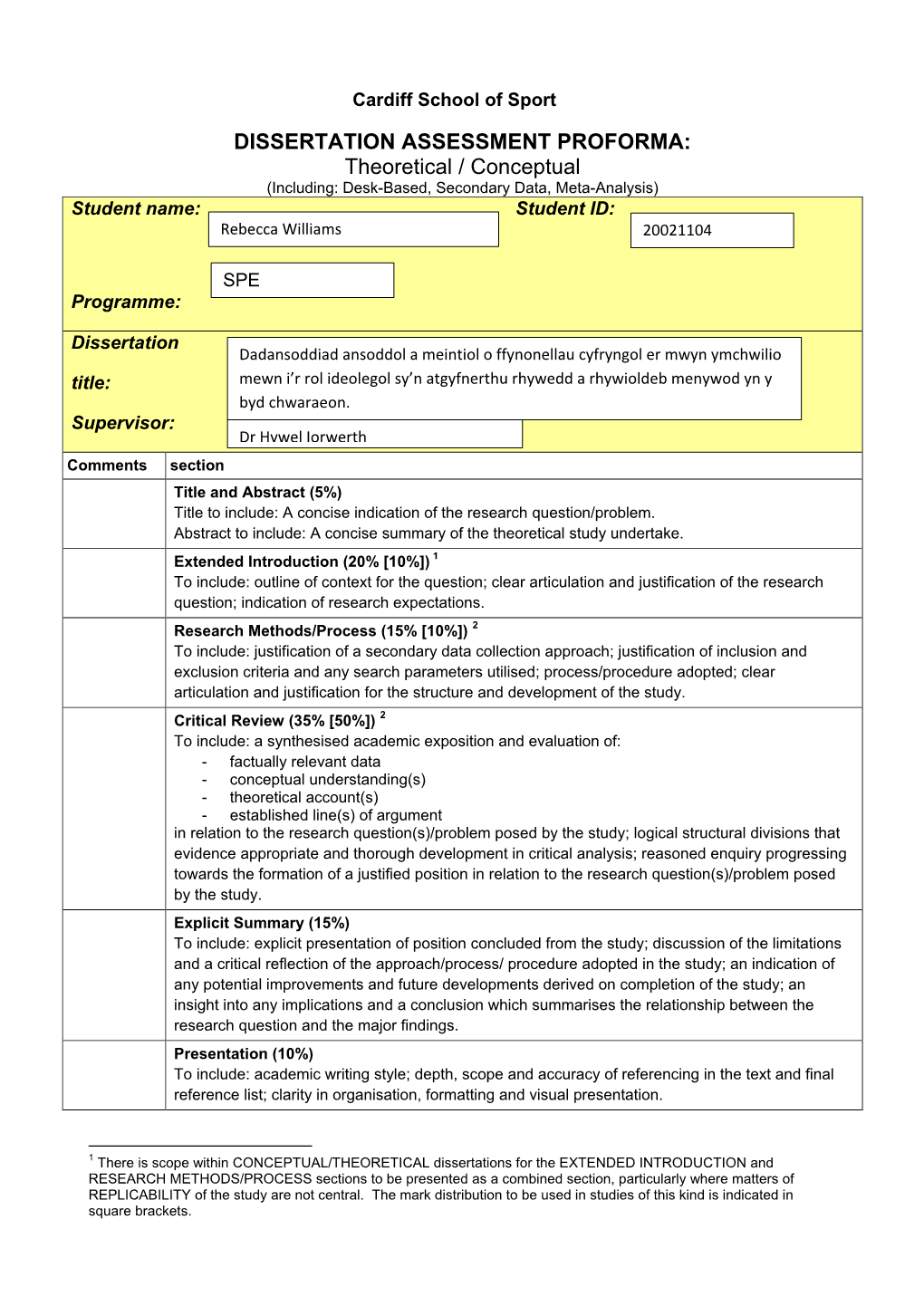 DISSERTATION ASSESSMENT PROFORMA: Theoretical / Conceptual (Including: Desk-Based, Secondary Data, Meta-Analysis) Student Name: Student ID: Rebecca Williams 20021104