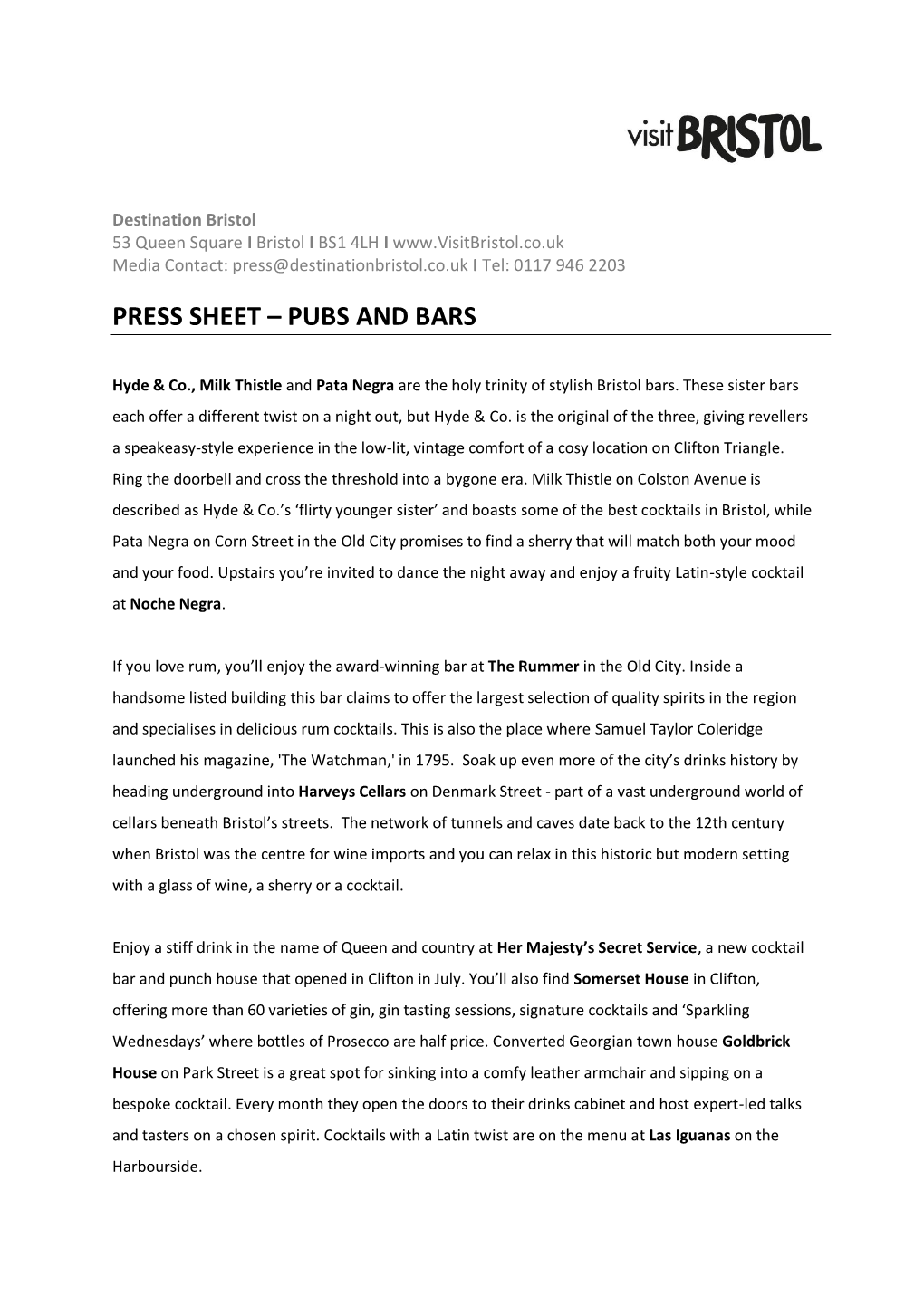 Press Sheet – Pubs and Bars